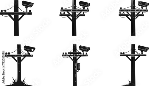 CCTV surveillance camera on pole, street security monitoring system, outdoor observation equipment, digital protection technology, smart safety infrastructure, modern video control design
