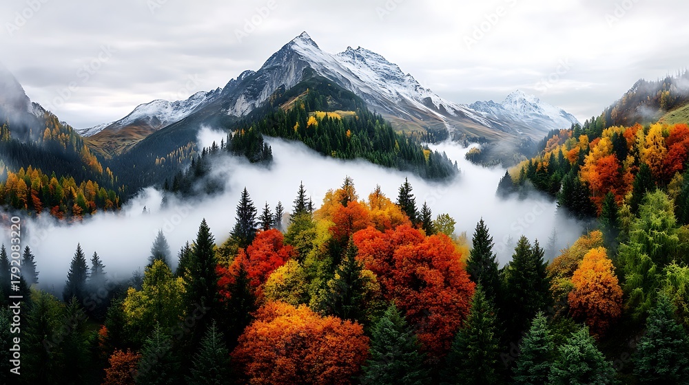 Obraz premium Vibrant autumn leaves majestic mountains nature scene foggy environment aerial view serenity in nature