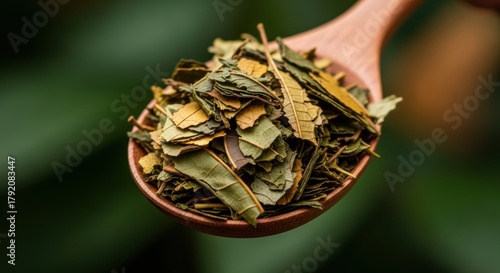 Wallpaper Mural Close-up of Dried Tea Leaves in a Wooden Spoon, Herbal tea, Loose leaf tea, Macro Torontodigital.ca