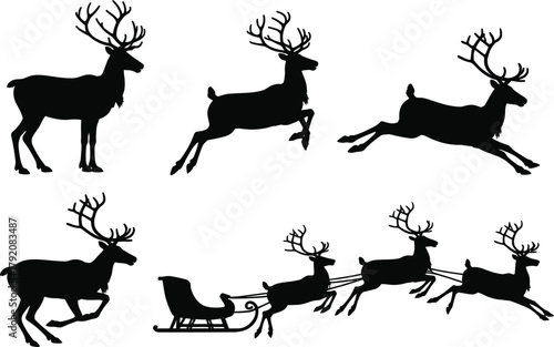 Holiday reindeer and sleigh silhouette icons set. christmas seasonal deer poses vector illustration