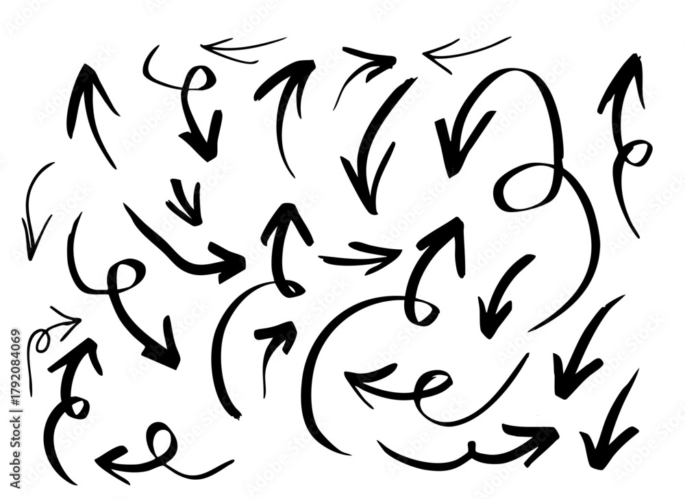 Naklejka premium Arrow grunge vector set. Arrow sketch Hand drawn illustration collection.