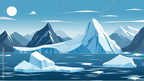 Antarctic Landscape Vector Illustration with Ice Mountains, Glaciers and Icebergs in Polar Winter Scene