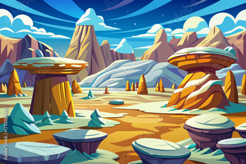 Flat snowy plateau dotted cartoon vector with large stone formations and long winter shadows