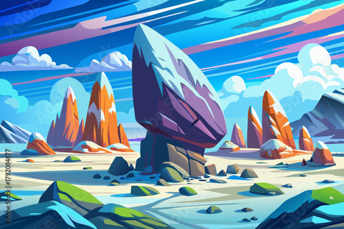 Flat snowy plateau dotted cartoon vector with large stone formations and long winter shadows
