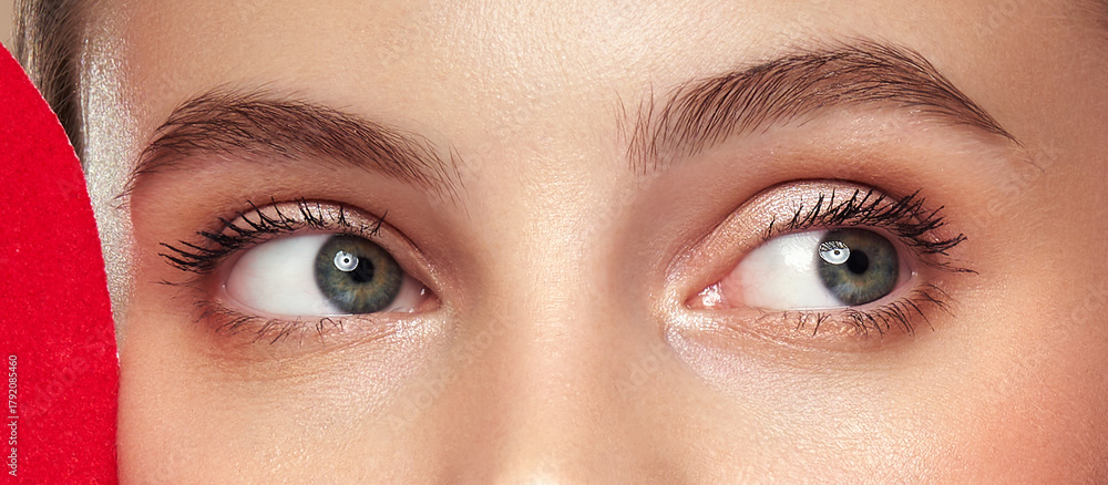 Naklejka premium Beautiful female eyes with long eyelashes. Eyelash extensions. Makeup, cosmetics, beauty. Close up, macro