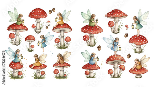 Whimsical watercolor illustrations of cute forest fairies with lanterns sitting and flying around red toadstool mushrooms.