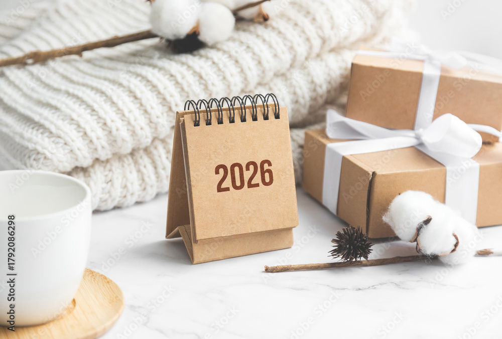 Naklejka premium Minimal winter composition with 2026 calendar and gift boxes