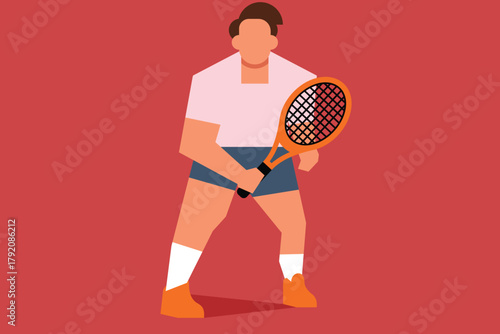 Minimalist vector illustration of tennis player in action on red background. Flat design with bold colors captures dynamic motion and sporty energy.