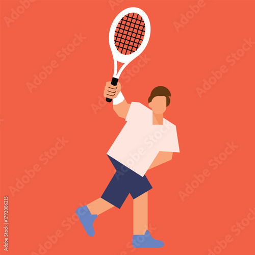 Minimalist vector illustration of tennis player in action on orange background. Flat design with bold colors captures dynamic motion and sporty energy.