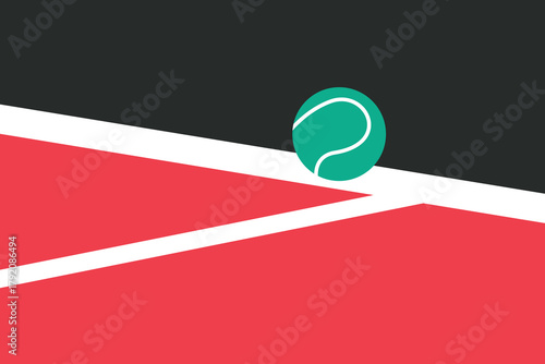 Minimalist vector illustration of tennis ball on red court line. Bold color contrast and clean geometry highlight a decisive moment in the game.