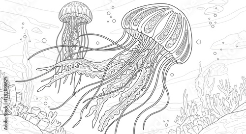 A detailed black and white line art illustration of two jellyfish swimming in the ocean, designed as a printable coloring page for adults
