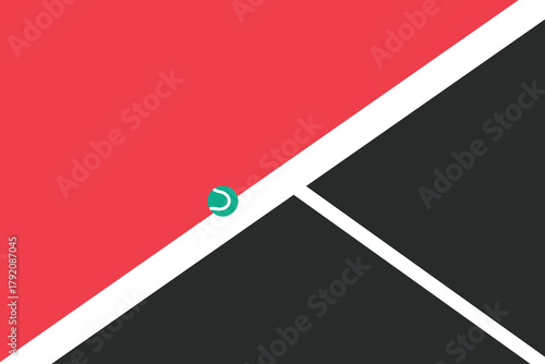 Minimalist vector illustration of tennis ball on red and black court. Bold geometric layout and white line emphasize precision and sporty tension.