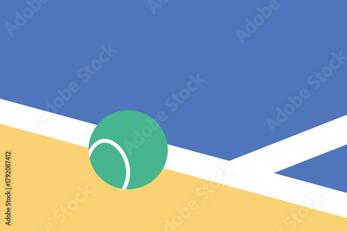 Minimalist vector illustration of a tennis ball on court line, symbolizing precision and close calls. Blue and yellow court contrast adds sporty elegance.