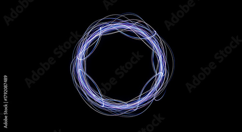 A vibrant, energetic swirl of blue and white light dynamically whisks through the dark abyss, meticulously crafting an abstract circular motion of ethereal luminescence, symbolizing digital energy