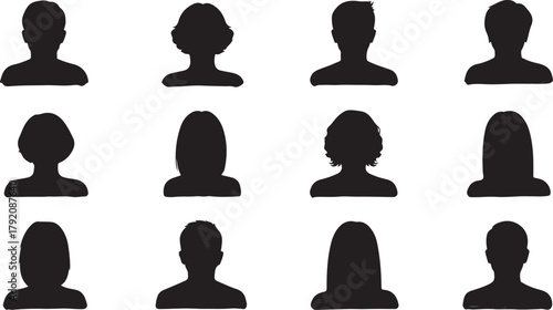 Diverse Silhouettes of People's Heads and Shoulders, Representing Various Hairstyles and Genders
