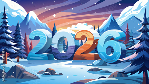 Very beautiful sign with the year 2026 in a snowy landscape, featuring frosty textures, soft snowdrifts, pine trees in the background, and a serene winter atmosphere perfect for New Year and holiday 