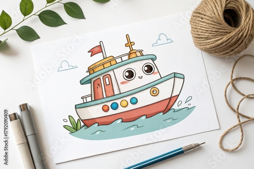 Cute cartoon boat floating on the water with happy expression