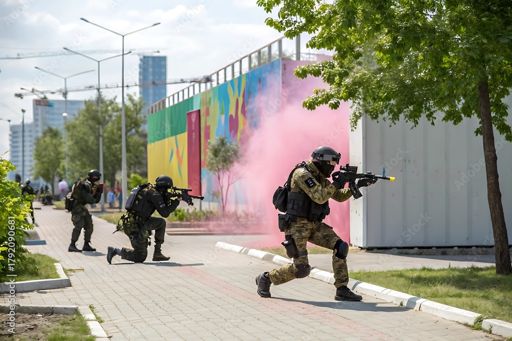 Fototapeta premium Three soldiers are on a sidewalk, one of them is spraying pink smoke
