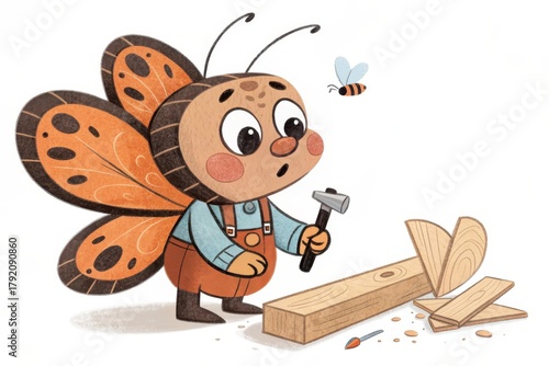 Cute Cartoon Butterfly Holding Hammer Building With Wood