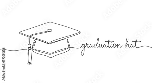 A minimalist, single line, continuous drawing of a graduation hat with the text 'graduation hat' in a flowing script, symbolizing academic achievement and the end of studies