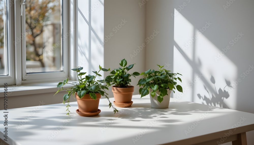 Fototapeta premium Natural Indoor Plants on a White Table with Soft Shadows Against a Bright Window in Modern Interior