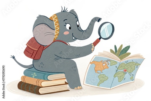 Cute cartoon elephant exploring a map with magnifying glass