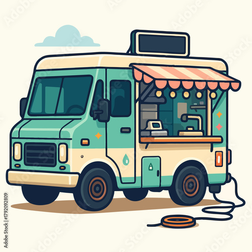 Cute Food Truck Serving Coffee Minimal Flat Vector Illustration