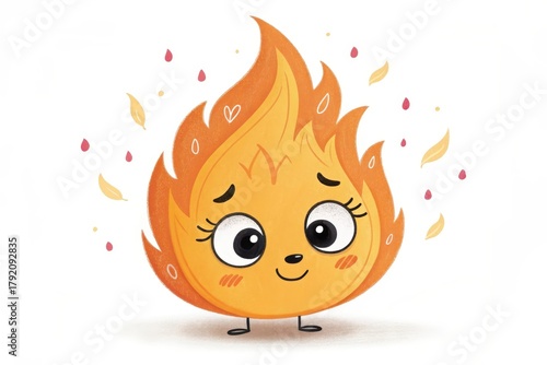 Cute cartoon fire character with happy smiling expression