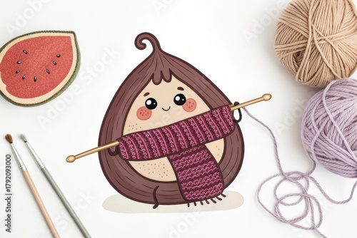 Cute Cartoon Fig Character Knitting a Warm Scarf