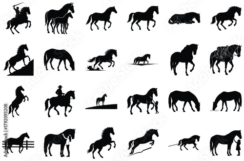 Assortment of Horse Silhouettes with Riders and Natural Elements
