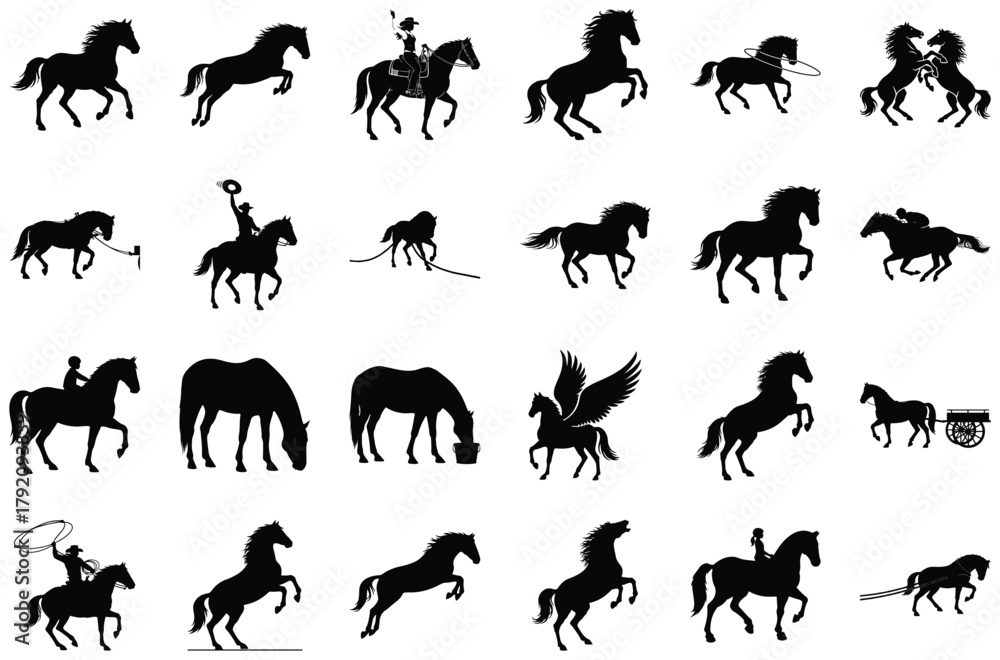 Obraz premium Collection of Horse Silhouettes in Various Poses and Activities Keywords: horse, silhouette