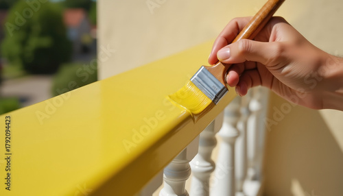 Yellow paint application on balcony railing with brush for home renovation and improvement projects