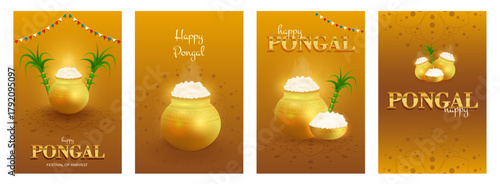 Happy Pongal harvest festival greeting poster set with pot, steaming rice, sugarcane and rangoli. Tamil Nadu celebration concept. Indian festive food, hindu religion, agriculture. Vector illustration