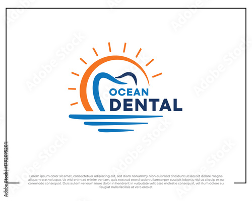 Ocean dental abstract waves and sunset with dental in the middle logo design template