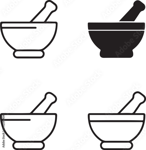 Isolated Mortar and Pestle black vector icon set, mortar pestle icons, pharmacy cooking traditional tool design, solid black outline filled minimal thin stroke, kitchen and medical symbols