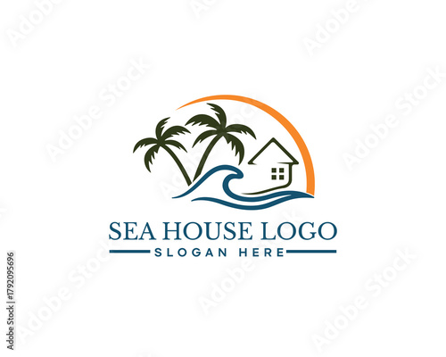 creative waves and sun and abstract striped house and palm tree elegant logo design