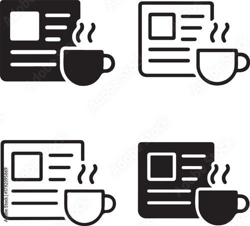 Isolated Newspaper and Coffee Cup black vector icon set, newspaper coffee icons, morning routine reading beverage design, solid black outline filled minimal thin stroke, lifestyle symbols
