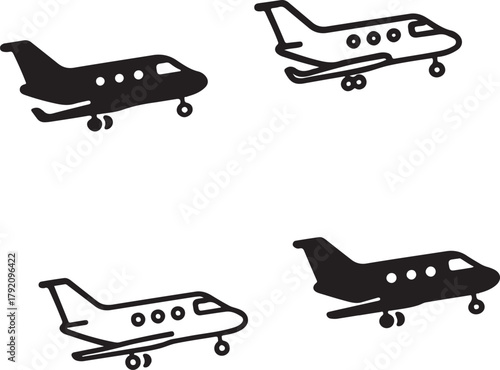 Isolated Private Jet black vector icon set, private jet icons, luxury travel aircraft aviation design, solid black outline filled minimal thin stroke, business jet symbol travel