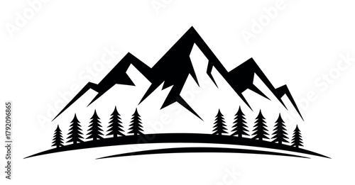 A striking silhouette of rugged mountain peaks rises above a line of evergreen trees, conveying a sense of natural grandeur and adventure.