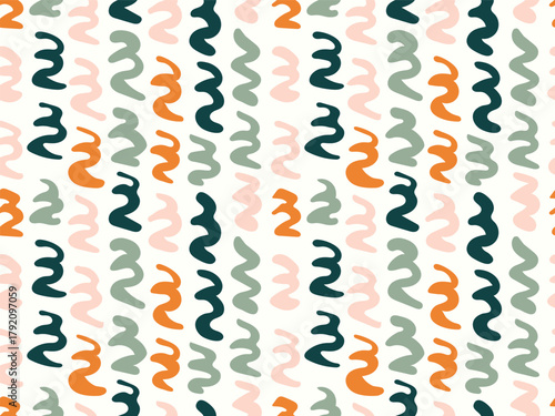 Hand painted strokes forming party ribbons in a minimalist abstract pattern in colors of pink, orange, blue and green on white background. Party fun seamless vector pattern. Great for home decor, etc.