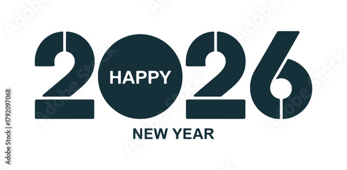Graphic illustration wishes Happy New Year 2026 with modern dark blue numbers and text on a white background