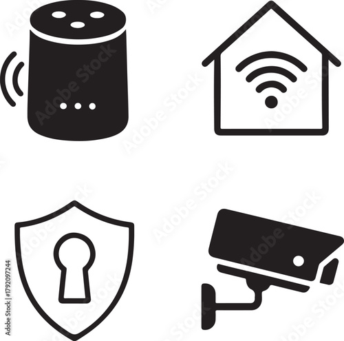 Isolated Smart Home Device black vector icon set, smart home icons, IoT automation voice assistant security design, solid black outline filled minimal thin stroke, connected home technology symbols