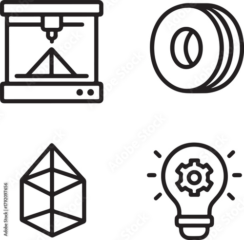 Isolated 3D Printing black vector icon set, 3D printing icons, printer filament model innovation design, solid black outline filled minimal thin stroke, additive manufacturing symbols