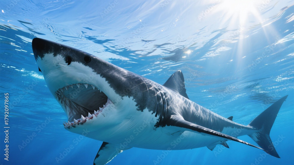 Fototapeta premium Predatory Great White Shark Surfacing with Sun Flare