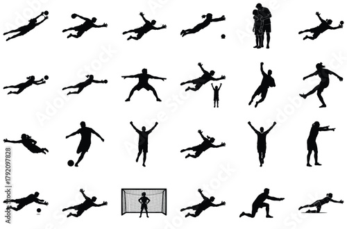 Dynamic soccer goalkeeper and player silhouettes football
