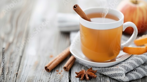 A steaming mug of spiced apple cider with a cinnamon stick.