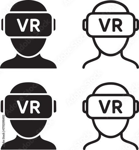 Isolated Virtual Reality Headset black vector icon set, VR headset icons, VR goggles gaming immersion tech design, solid black outline filled minimal thin stroke, virtual experience symbols