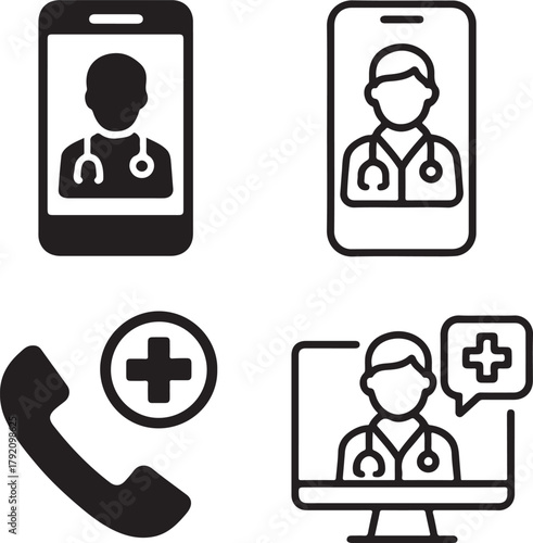 Isolated Telemedicine black vector icon set, telemedicine icons, doctor phone call healthcare online consultation design, solid black outline filled minimal thin stroke, virtual medical care symbols