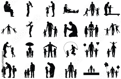 Father And Child Silhouettes With Balloons And Umbrella