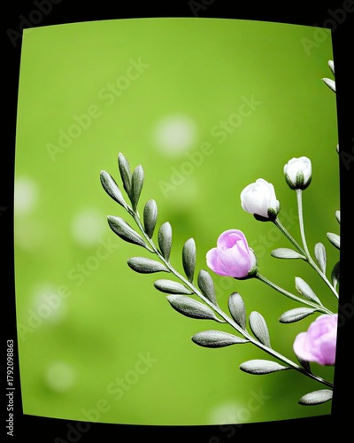 Close-up of delicate pink and white flower buds and green leaves, set against a soft, blurred green background with bokeh lights.